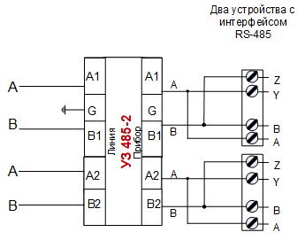 Схема подключения двух устройств по интерфейсу RS-485