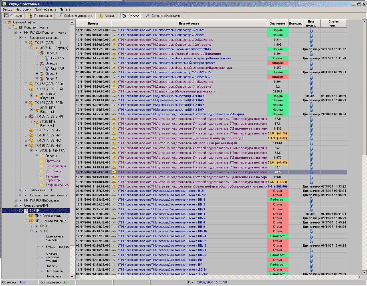 Текущие состояния объектов